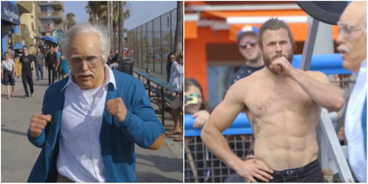 Un musculos a vrut "sa-i dea rusine" unui bunic care s-a dus la MuscleBeach, dar s-a facut de ras :) Farsa geniala