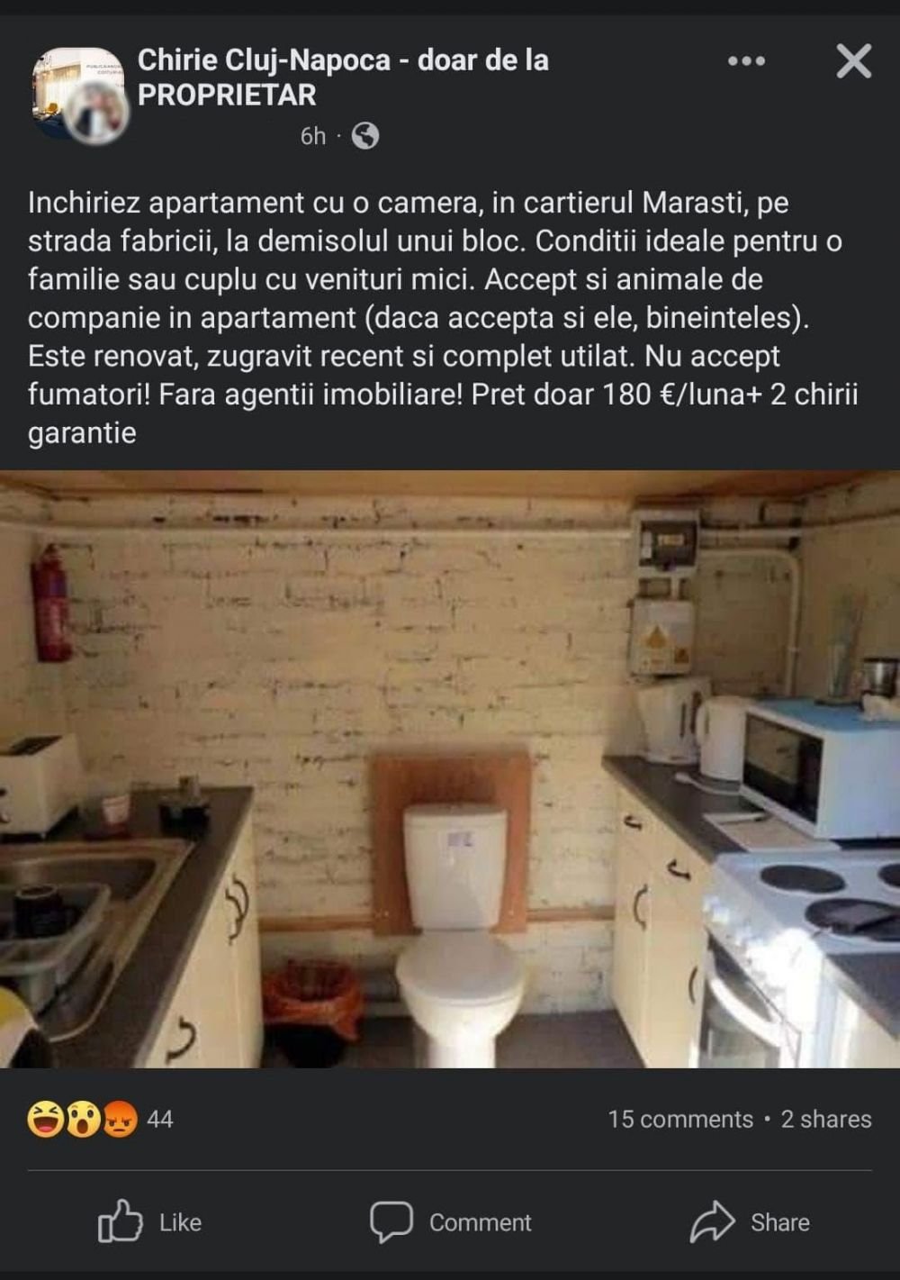 Încă o garsonieră din Cluj face „ravagii” pe internet! Are WC-ul în bucătărie. Proprietar: „Condiții ideale pentru o familie”