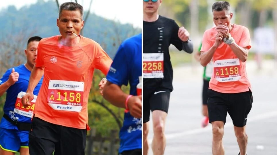 Un bărbat de 50 de ani a alergat un maraton în timp ce a fumat un pachet întreg de ţigări. Imagini virale